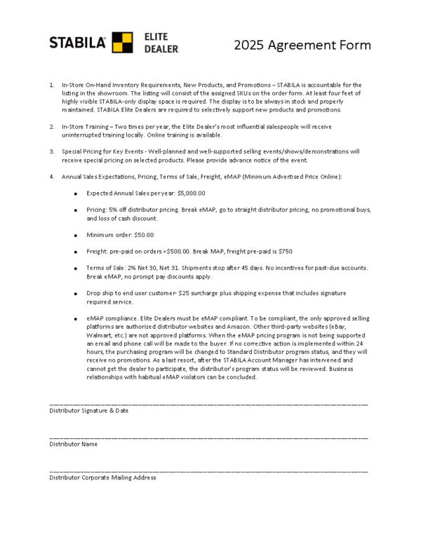 2025 Elite Dealer Agreement Form - Tile